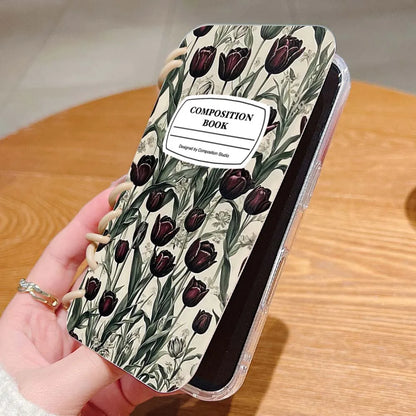 【ブックスタイル】リングノート風 フラワー チューリップデザイン 手帳型 iPhoneケース #240202