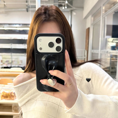 【立体リボン】 ハートチャーム付き ソフトレザー調  iPhoneケース #260207