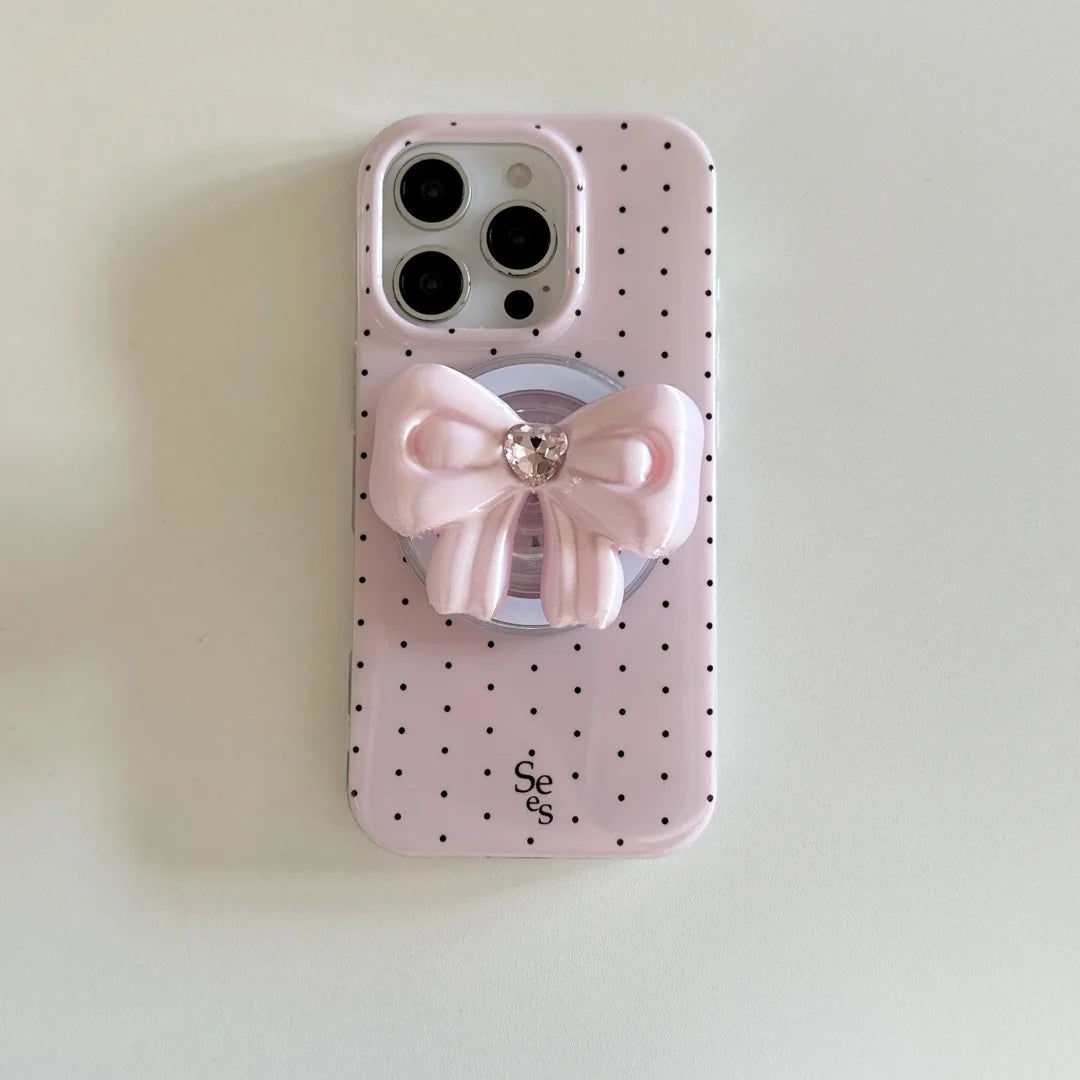 【Magnet内蔵】ドット × 3D リボングリップ ガーリー スマホケース｜iPhone対応 #241003