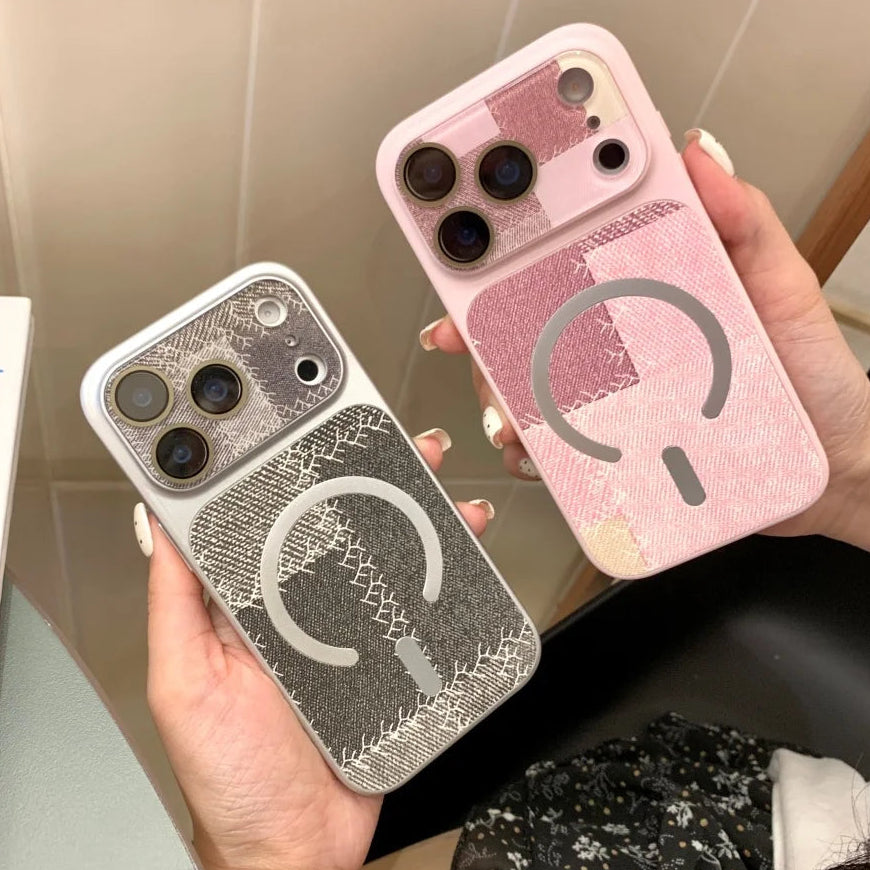 ツイード風 パッチワークデザイン Magnet内蔵 iPhoneケース #230724