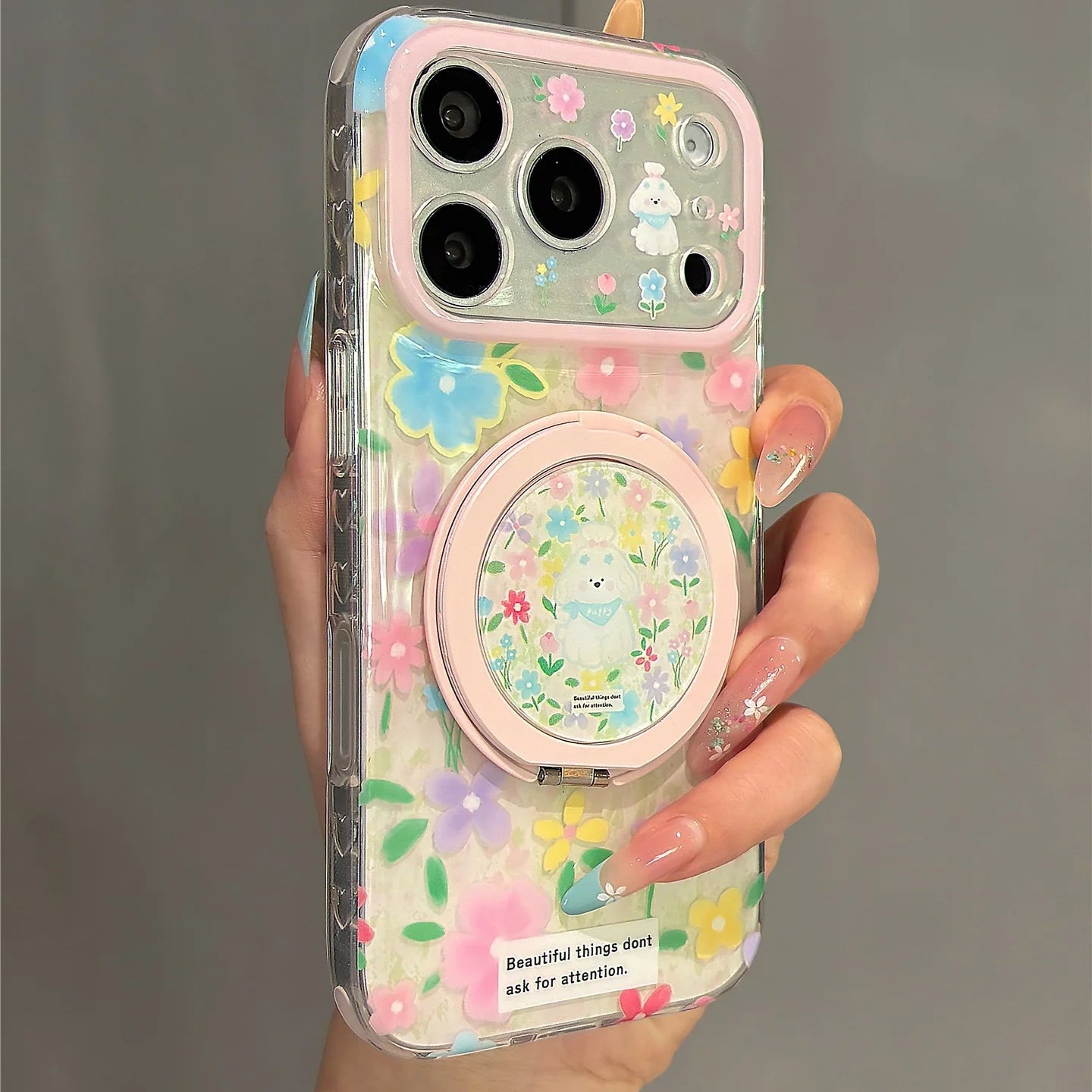 フラワードッグ クリア × Magnet リンググリップ iPhoneケース｜パステル・韓国デザイン #231108