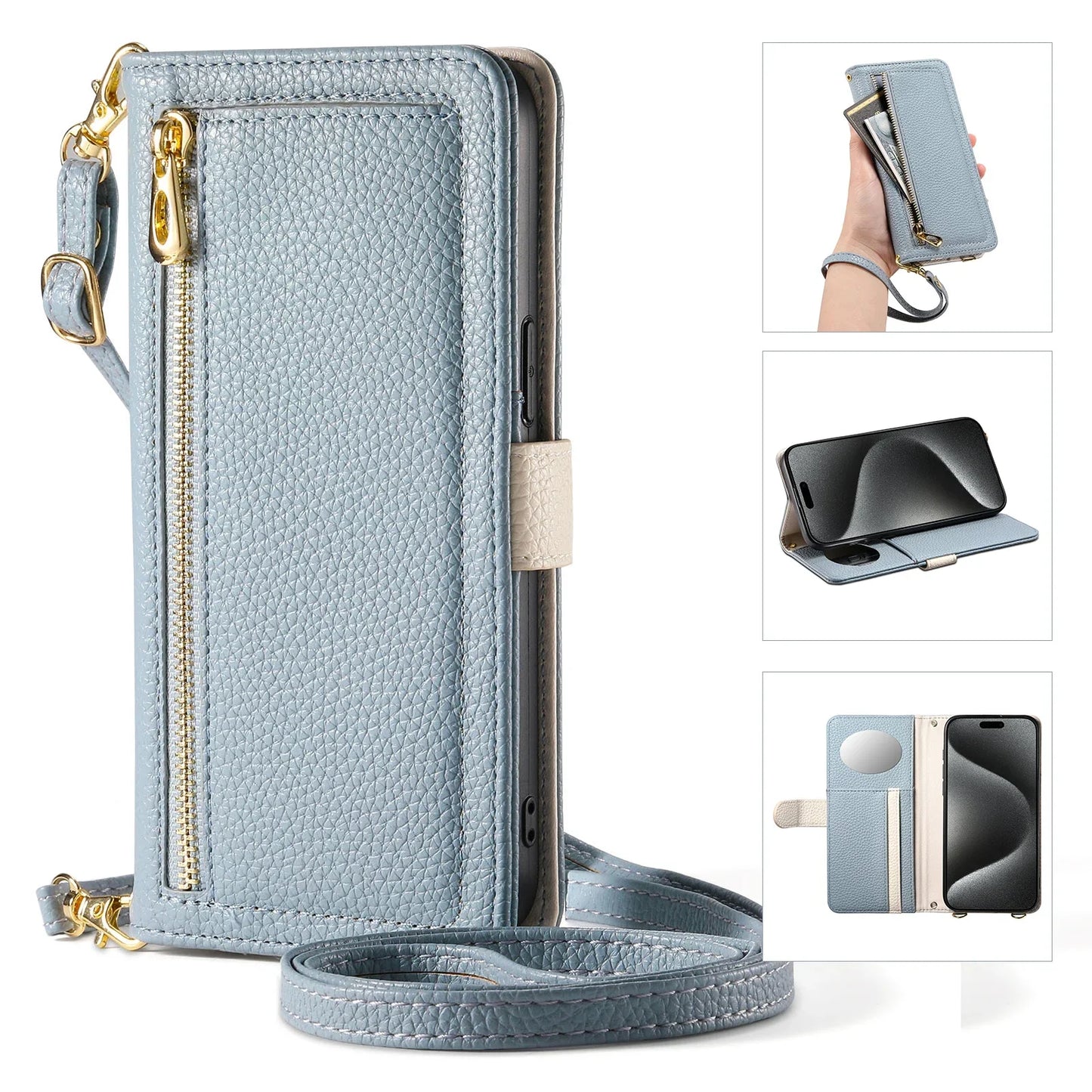 【ブックスタイル】レザー調 財布一体型 手帳型 iPhoneケース｜ファスナー収納・ミラー付き #240201