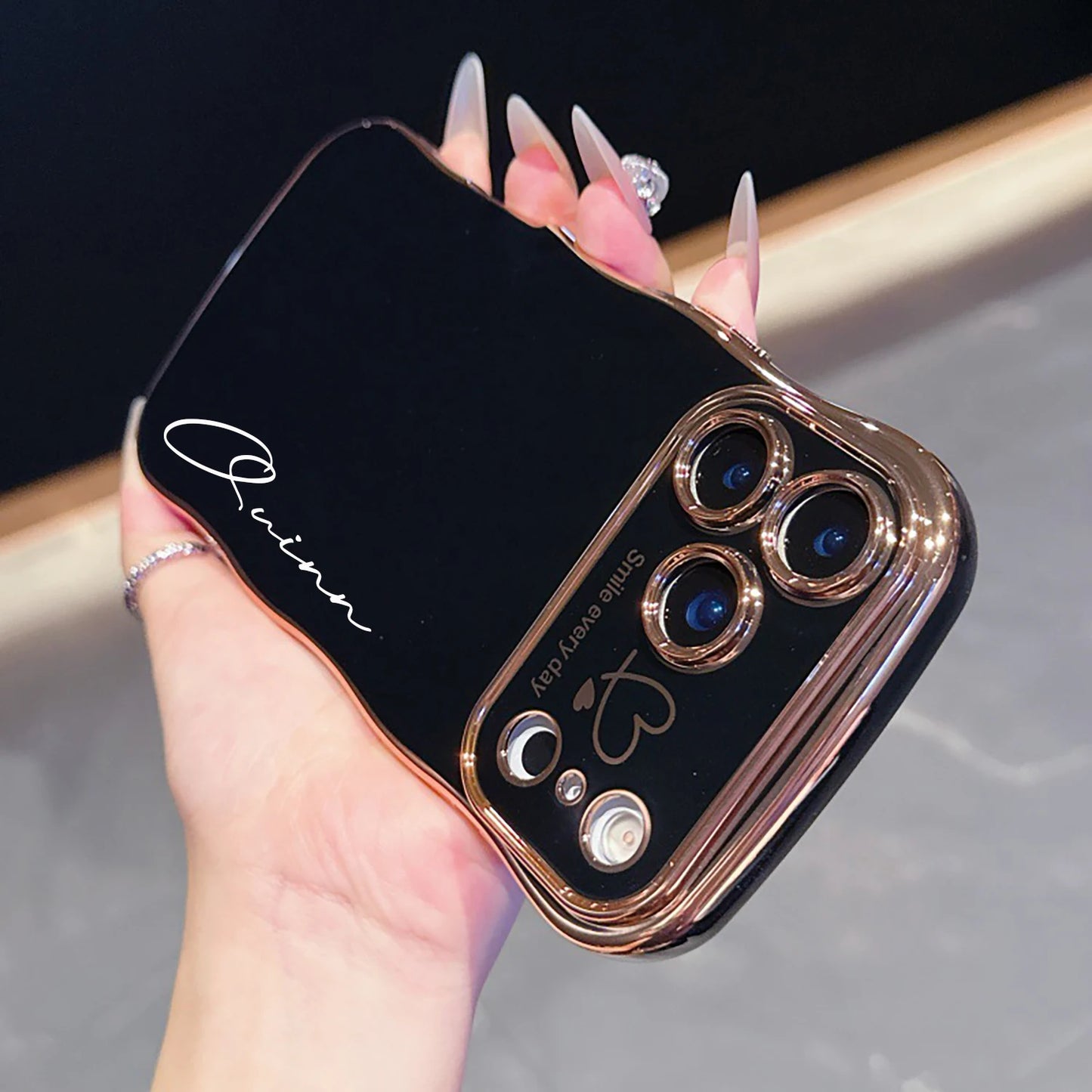 【カスタムシリーズ】ウェーブフレーム サイドハート 名入れ ソフトケース｜iPhone対応 #240714