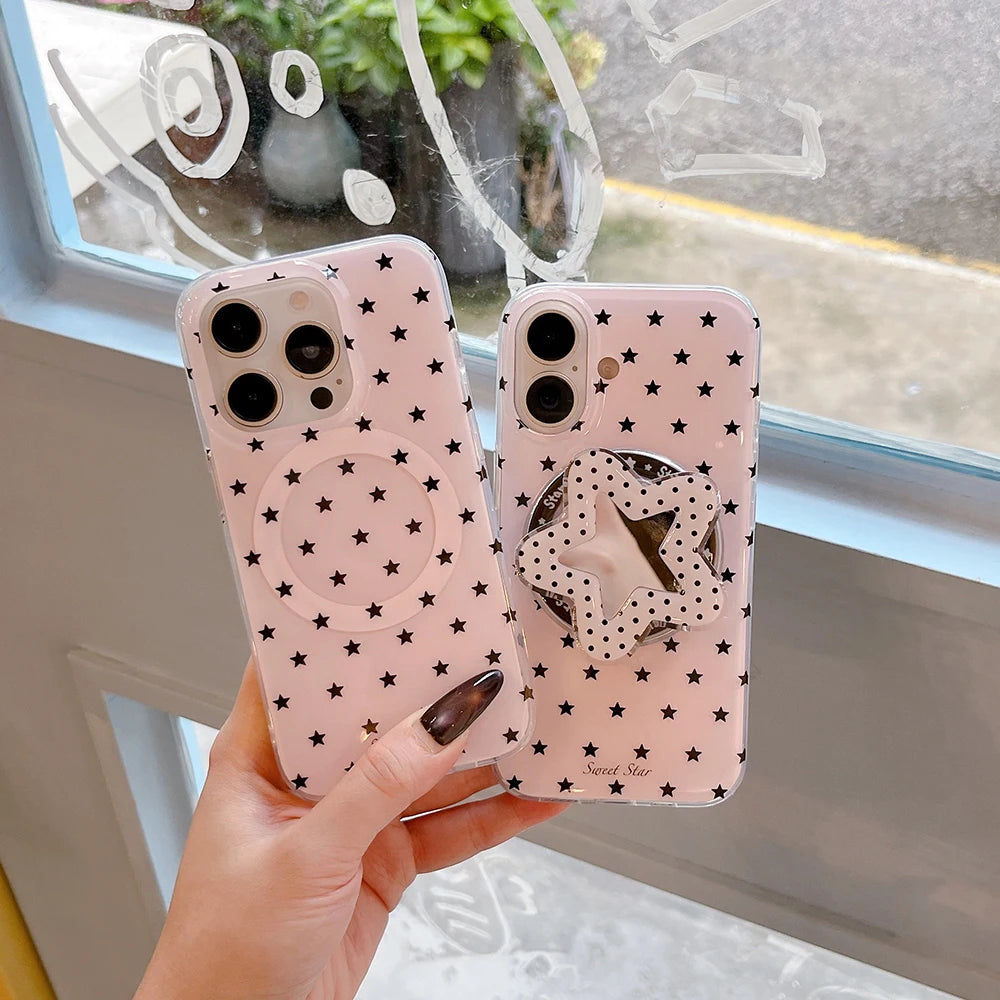 スターモチーフ ブラックピンク Magnet内蔵 iPhoneケース｜ミラーグリップ付き #240309