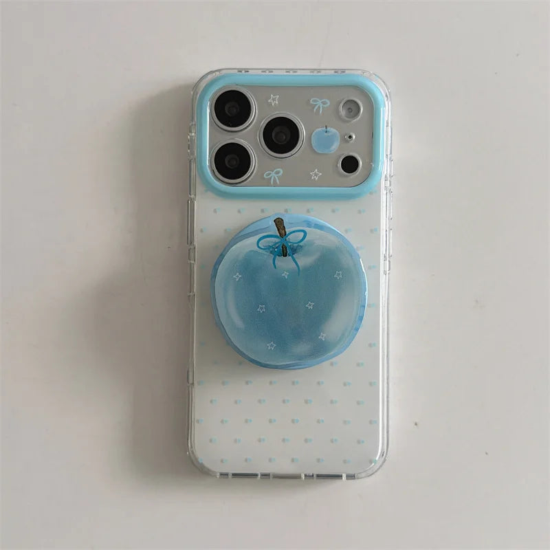 青りんごグリップ 水色リボン 透明感クリア Magnet内蔵 iPhoneケース｜淡色ブルー #260024