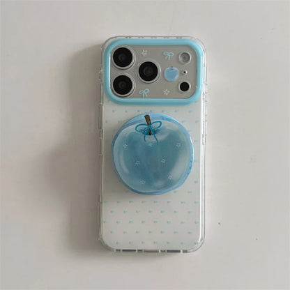 青りんごグリップ 水色リボン 透明感クリア Magnet内蔵 iPhoneケース｜淡色ブルー #260024