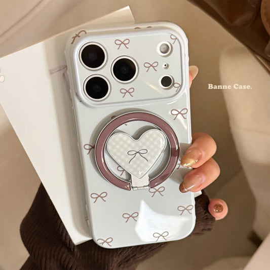 【マグネット式折りたたみハートスタンド付き】プチリボン柄 チェック ハートリング スマホケース｜iPhone対応 #240702