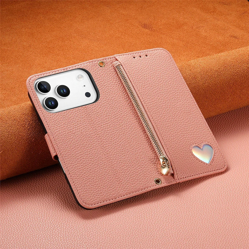【ブックスタイル】ハートモチーフ レザー調 財布一体型 手帳タイプ iPhoneケース｜ショルダーストラップ付き #240205