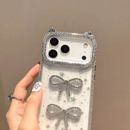 【猫耳シリーズ】ストーン付きリボン ラメデザイン キラキラスマホケース｜iPhone対応 #251203