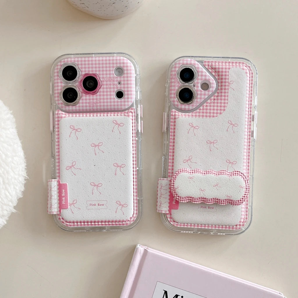 【ピンクギンガムチェック】リボン柄 折りたたみ式ホルダー付き スマホケース｜iPhone対応 #240622