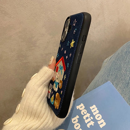 【デニムアニマルハウス】刺繍風×デニムファブリック スマホケース｜iPhone対応 #250609