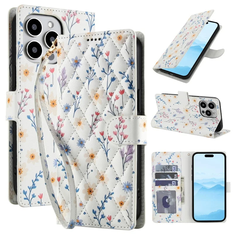 【ブックスタイル】花柄 フラワーキルティング ストラップ付き 手帳型 iPhoneケース｜カード収納 ショルダー対応 #240110