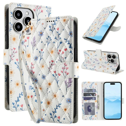 【ブックスタイル】花柄 フラワーキルティング ストラップ付き 手帳型 iPhoneケース｜カード収納 ショルダー対応 #240110