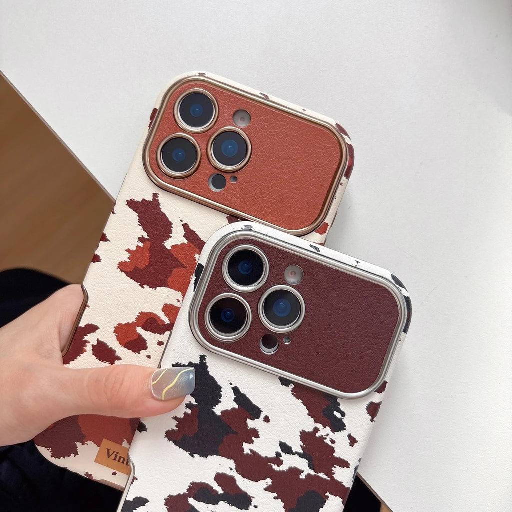【ヴィンテージカウレザー】ブラウン牛柄×レザー調 スマホケース｜iPhone対応 #250122
