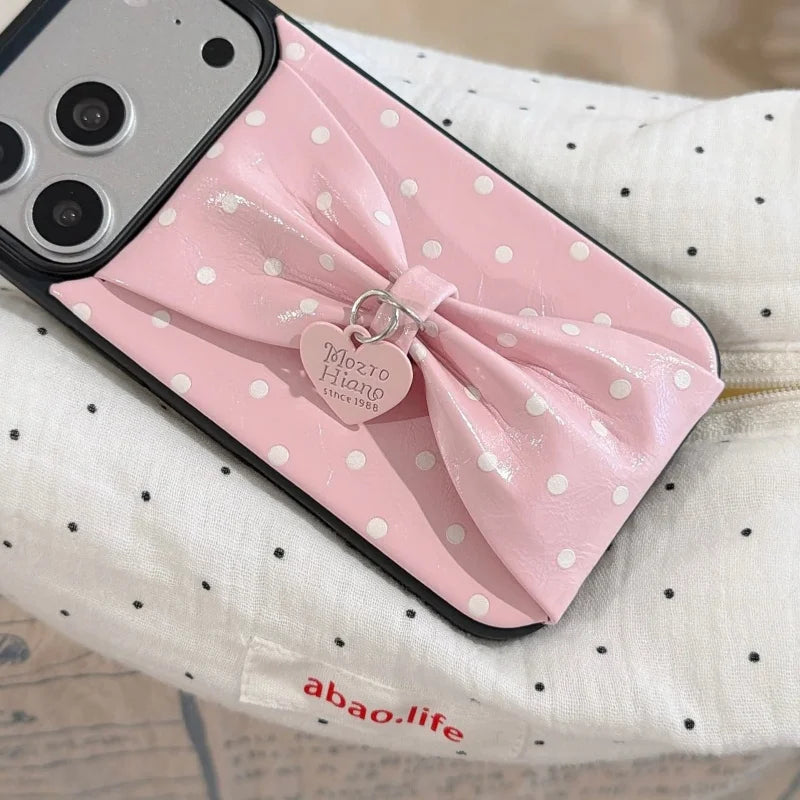 【立体リボン】 ハートチャーム付き ソフトレザー調 ドット柄 水玉 iPhoneケース #260209