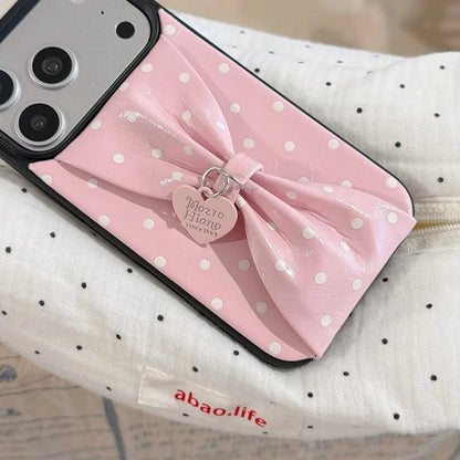 【立体リボン】 ハートチャーム付き ソフトレザー調 ドット柄 水玉 iPhoneケース #260209