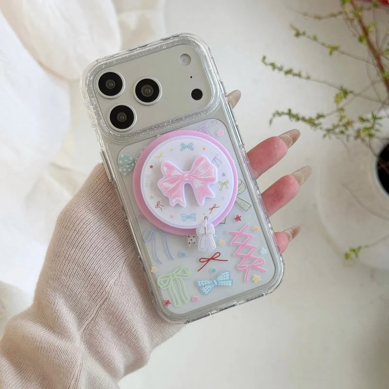 リボン総柄 クリアグリッター Magnetグリップ付き iPhoneケース #260213