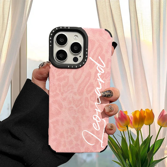 【カスタムシリーズ】ピンクレオパード ヒョウ柄 縦書き名入れ ソフトスマホケース｜iPhone対応 #240722