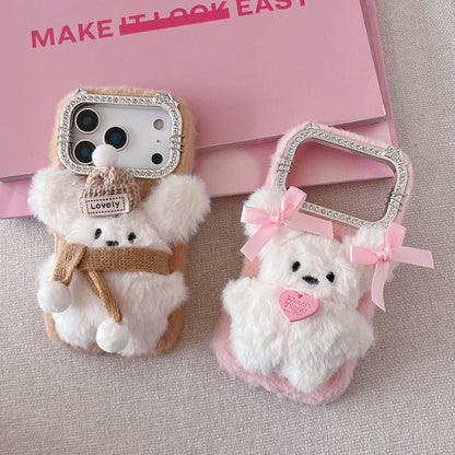 【ふわもこアニマルシリーズ】リボンベア スマホケース｜もこもこ素材 × ポンポンストラップ付き｜iPhone対応 #241205