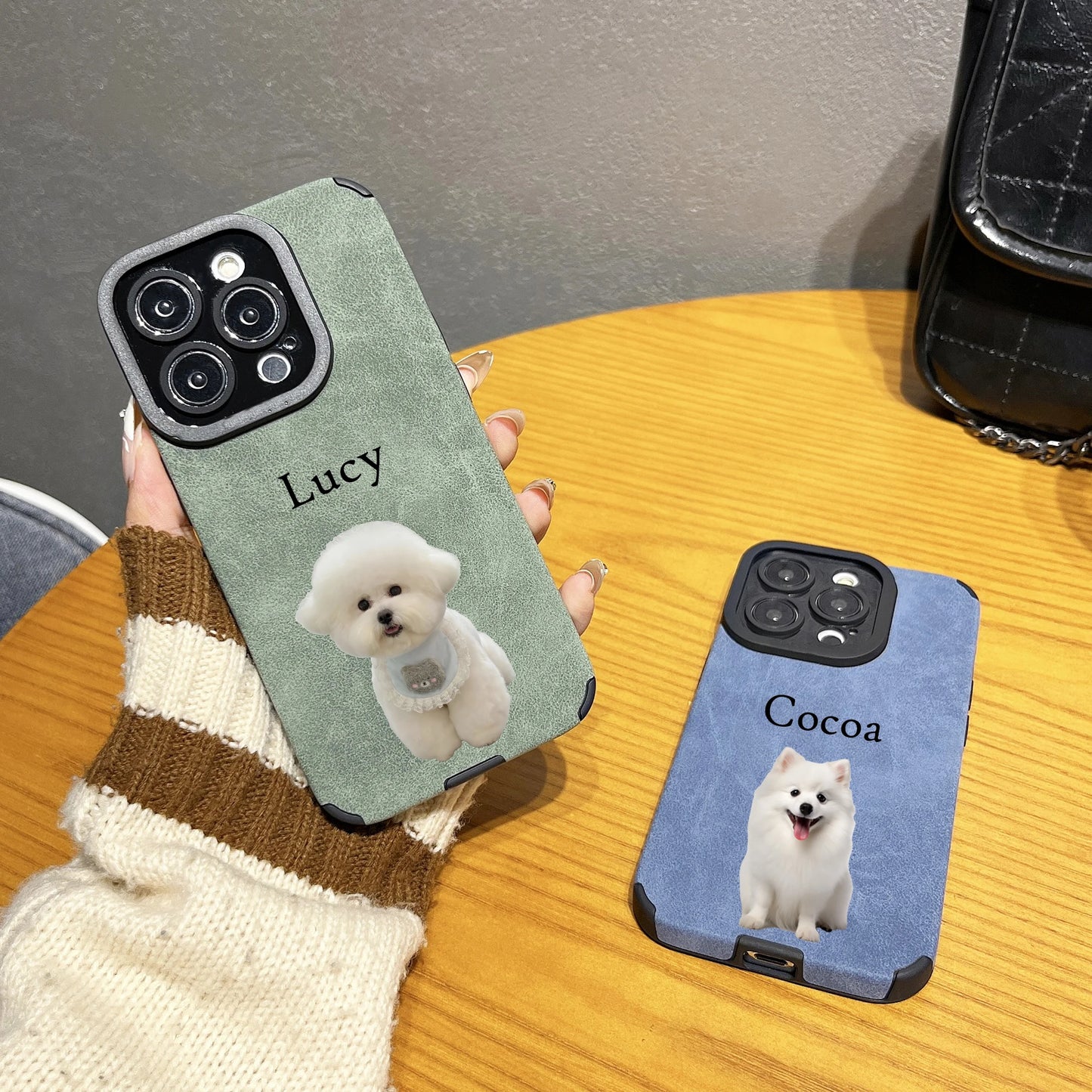 【カスタムNAMEシリーズ】ペット写真×ネーム入り スエード調 フォトケース｜iPhone対応 #241007