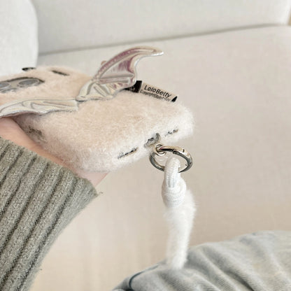 【デビルウィング】立体シルバーウィング×ふわもこファー スマホケース｜iPhone対応 🪽🖤 #241219