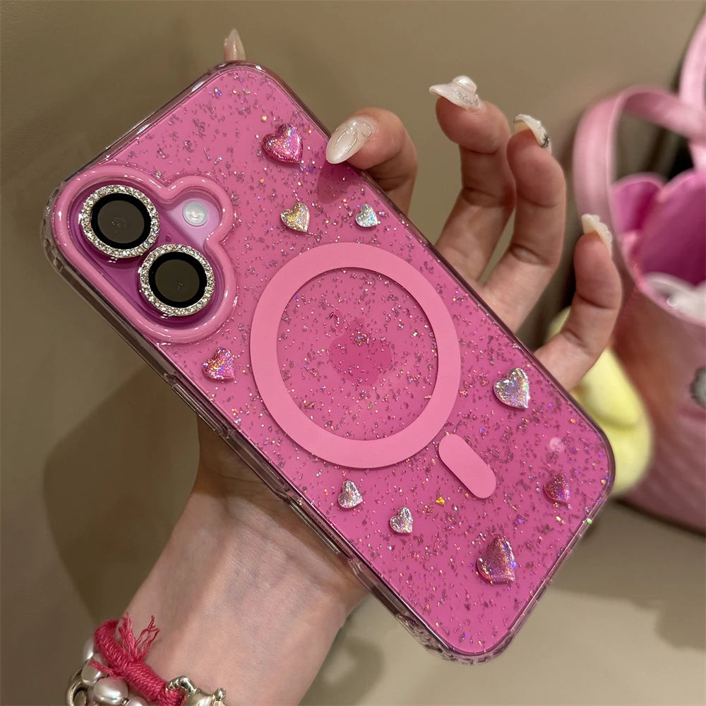 ホットピンク ぷっくりハート ラメグリッター Magnet内蔵 iPhoneケース｜Y2K・韓国ガーリー #230728