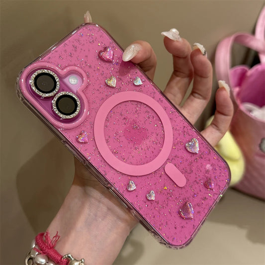 ホットピンク ぷっくりハート ラメグリッター Magnet内蔵 iPhoneケース｜Y2K・韓国ガーリー #230728
