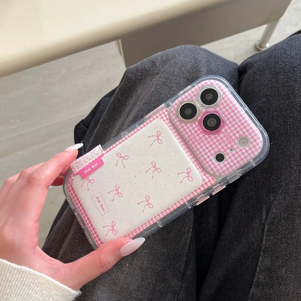 【ピンクギンガムチェック】リボン柄 折りたたみ式ホルダー付き スマホケース｜iPhone対応 #240622
