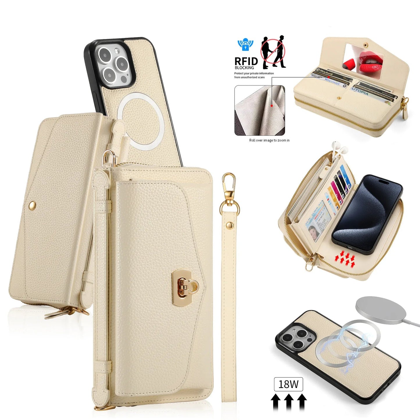 【ウォレットスタイル】財布一体型 分離式レザー調 ブックスタイル 手帳型 iPhoneケース｜ラウンドファスナー・ショルダー対応 #240204