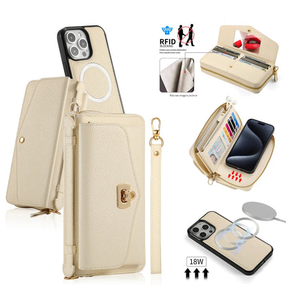 【ウォレットスタイル】財布一体型 分離式レザー調 ブックスタイル 手帳型 iPhoneケース｜ラウンドファスナー・ショルダー対応 #240204