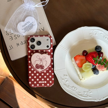 チェリーハート グリップ付き ドット 水玉 デザイン iPhoneケース #240513