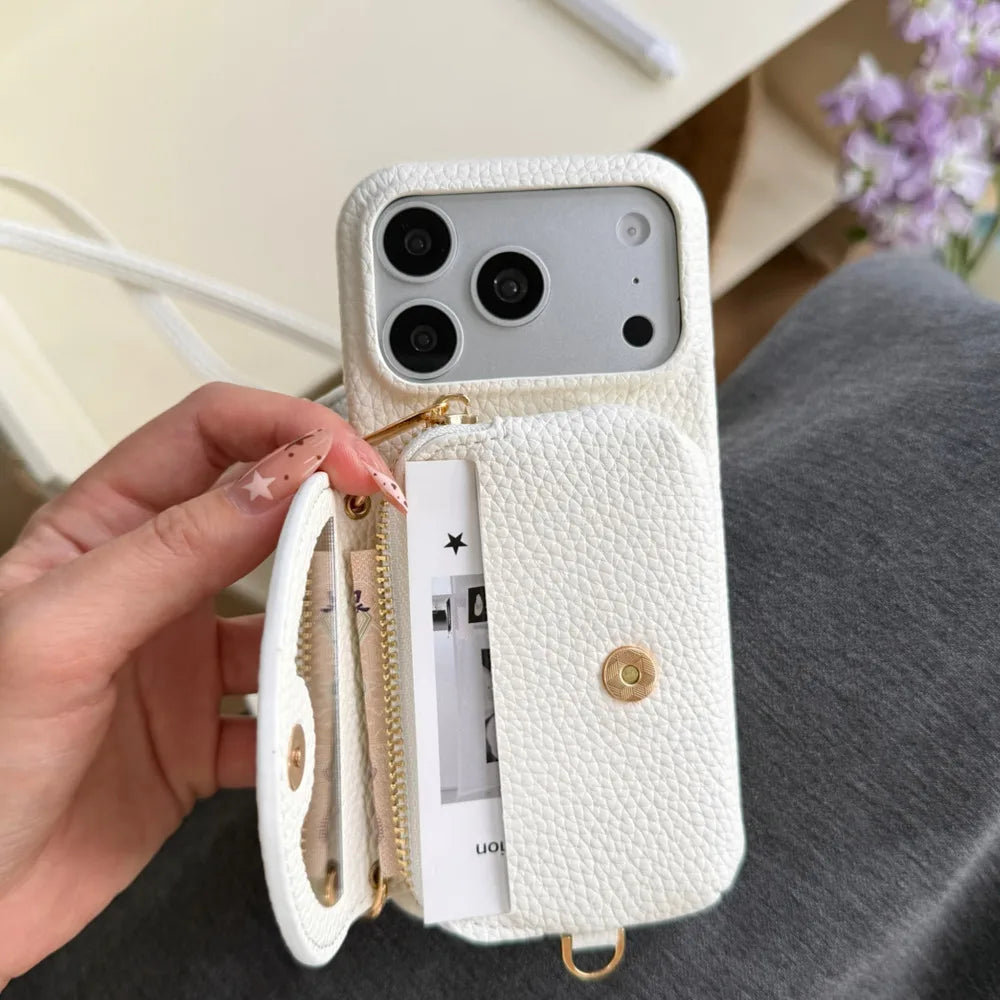 ミラー カード収納付き レザー調 iPhoneケース｜ショルダー対応 #231123