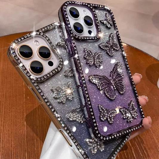【ジュエリーバタフライ】立体バタフライ×ビジューグラデーション スマホケース｜iPhone対応 #250628