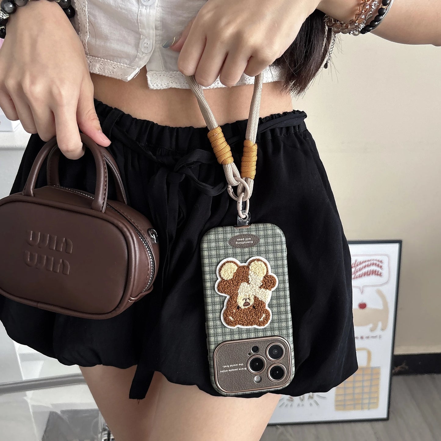 【テディチェック】くま＆プードル刺繍 チェックスマホケース｜iPhone対応 #241231