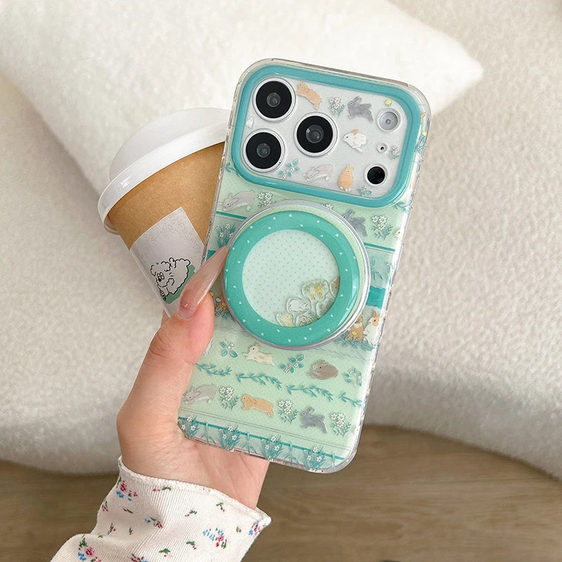 うさぎガーデン Magnet内蔵グリップ付き iPhoneケース｜淡色・ナチュラルラビット #231128