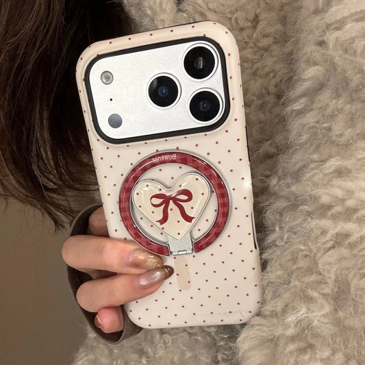 【マグネット式折りたたみハートスタンド付き】レッド プチドット柄 リボンハート スマホケース｜iPhone対応 #240701