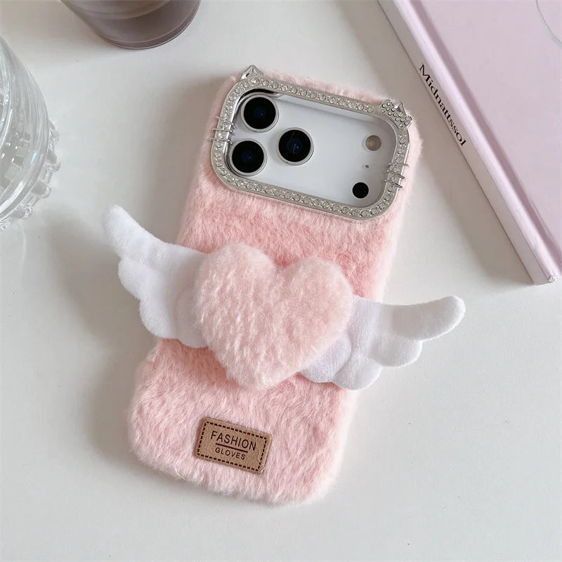 【もこもこエンジェル】ハート × 羽モチーフ ふわふわラブリーケース｜iPhone対応 #240910