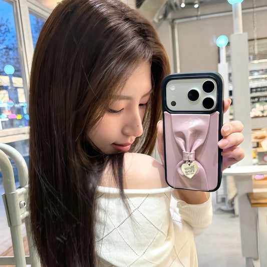 【立体リボン】 ハートチャーム付き ソフトレザー調  iPhoneケース #260207