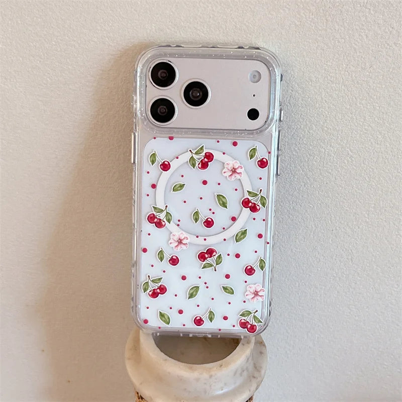 チェリー】ドット フラワー柄 iPhoneケース｜Magnet内蔵 リボン