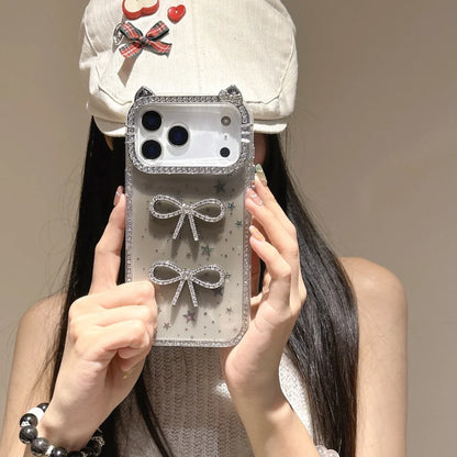 【猫耳シリーズ】ストーン付きリボン ラメデザイン キラキラスマホケース｜iPhone対応 #251203