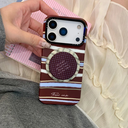 【Magnet内蔵】ボルドー マルチカラーストライプ ×ドット スター スタンド スマホケース｜iPhone対応 #241224