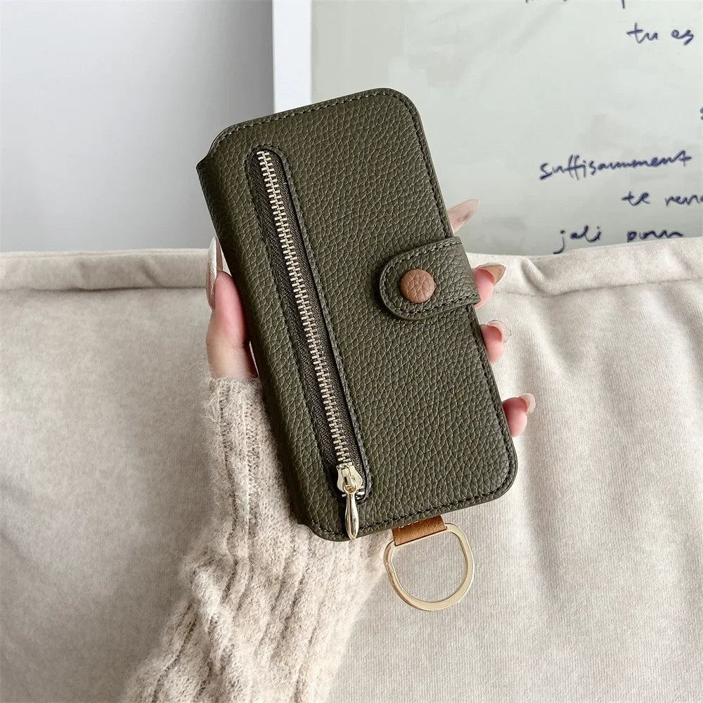 【ブックスタイル】キーリング付き レザー調 財布一体型 手帳型 iPhoneケース｜ファスナー収納・多色展開 #240128