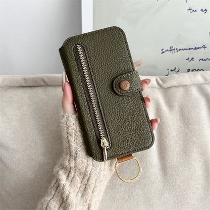 【ブックスタイル】キーリング付き レザー調 財布一体型 手帳型 iPhoneケース｜ファスナー収納・多色展開 #240128