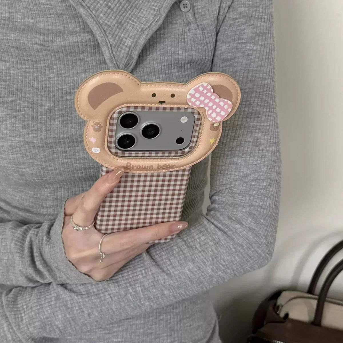 【くま】リボン チェック柄 立体フレーム iPhoneケース｜くすみカラー・韓国っぽ PCA #261277