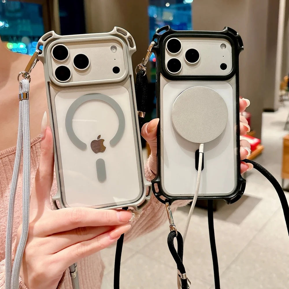 タフデザイン ロングストラップ付 耐衝撃 Magnet内蔵 クリア iPhoneケース #231109