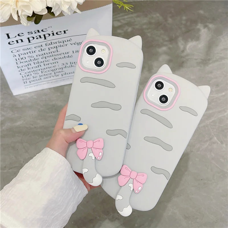 【猫耳シリーズ】しっぽ付き リボン デザイン マット グレー iPhoneケース｜くすみカラー #240212