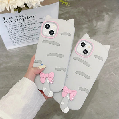 【猫耳シリーズ】しっぽ付き リボン デザイン マット グレー iPhoneケース｜くすみカラー #240212