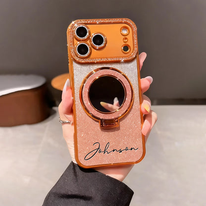 【カスタムシリーズ】名入れ リングスタンド ミラー付き iPhoneケース｜ラメグラデ #260216