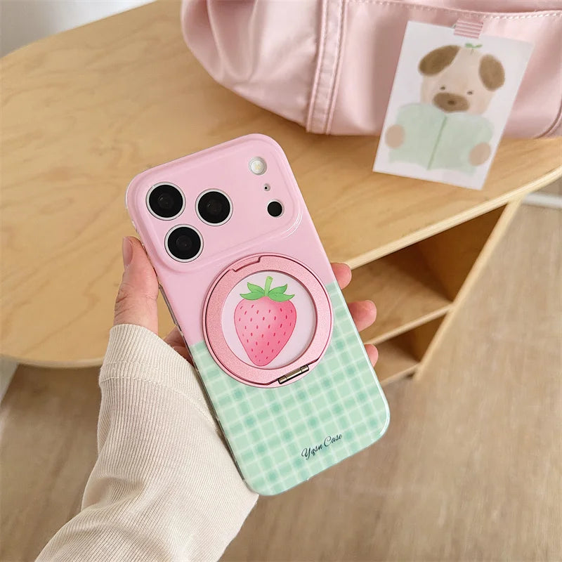 フルーツモチーフ チェック柄 グリップ付き iPhoneケース｜ポップ・ガーリー #260100