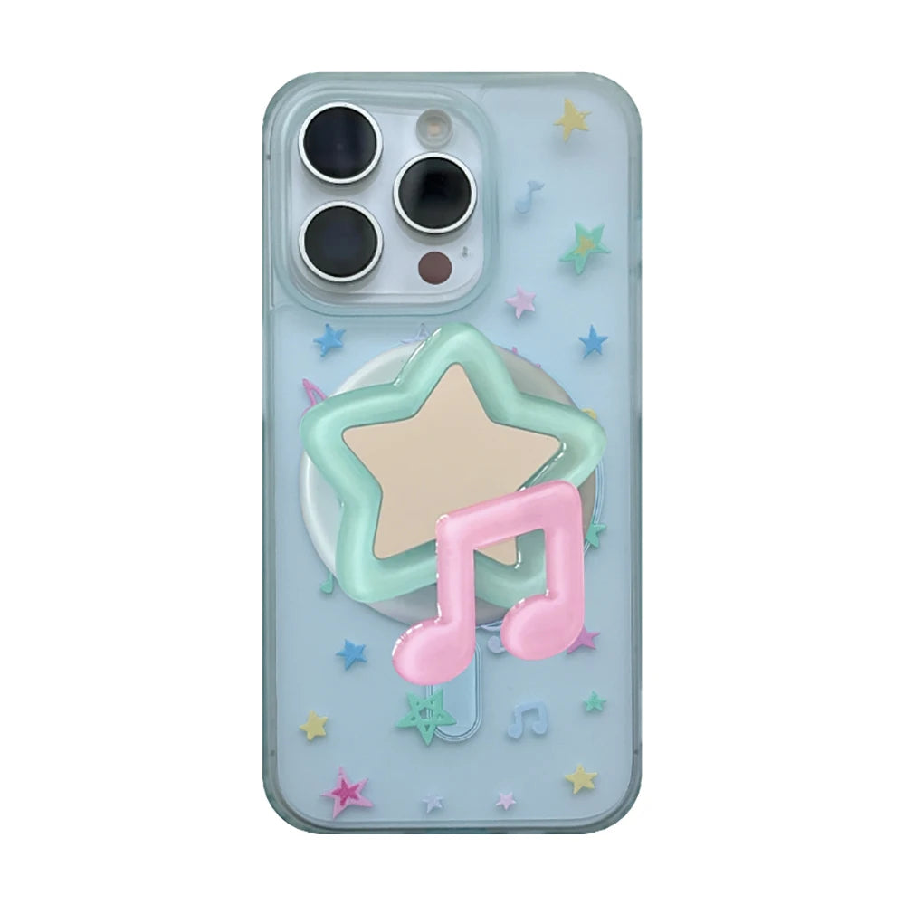 ミュージックモチーフ クリア×パステルカラー Magnet内蔵 iPhoneケース｜スター音符デザイン #231116